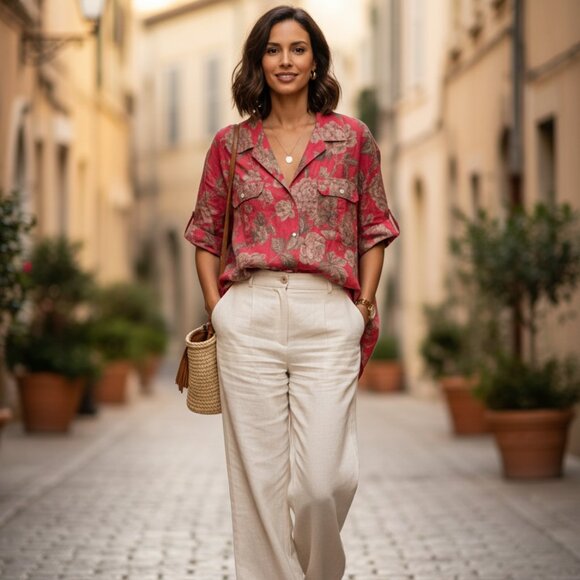 NWOT Lauren Ralph Lauren 100% Linen Floral Red Shirt Size 2X - Picture 1 of 6
